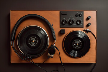 Retro vinyl player and stereo headphones on a brown background. Top view. Flat lay - obrazy, fototapety, plakaty