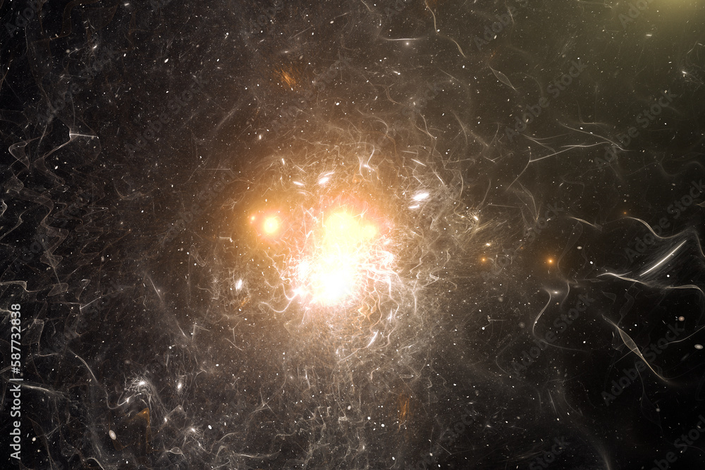 Poster yellow glowing clouds of stardust in black space. abstract fractal 3d rendering