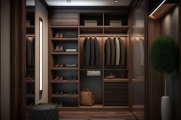 Modern dressing room, square in shape, area of 25 square meters, wood wardrobe, shelves displaying bags and shoes. Generative AI.