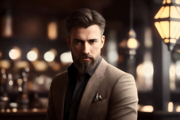 Portrait of professional brutal man bartender with a fancy ginger beard in an Irish pub. Generative AI