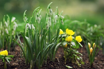 snowdrops and yellow spring flowers