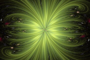 Green pattern of curved waves and rays from the center on a black background. Abstract fractal 3D rendering