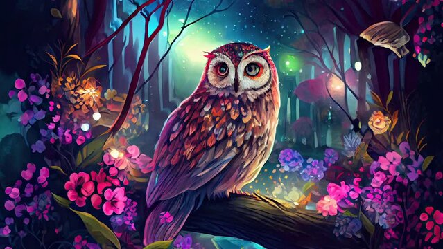 A look of an owl standing on the tree trunk in an video animation piece  AI generated