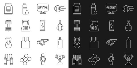 Set line Award cup, Punching bag, Location gym, Weight, Dumbbell, Sports nutrition and icon. Vector