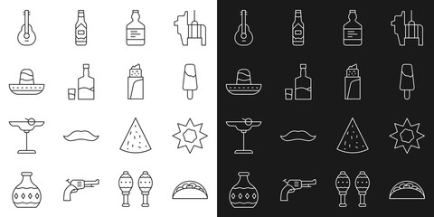 Set line Taco with tortilla, Sun, Popsicle ice cream, Tequila bottle, and glass, Mexican sombrero, guitar and Burrito icon. Vector