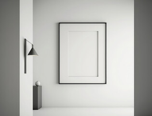 Empty frame hanged at the wall in an essential white room. Generative AI