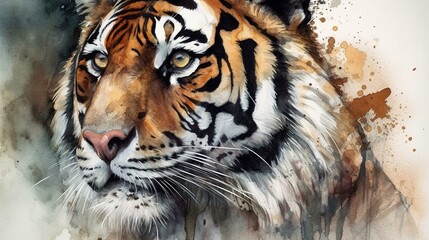 Paint a stunning and lifelike watercolor portrait of a majestic tiger on a white background, using bold strokes and vivid hues to convey its power and intensity Generative AI