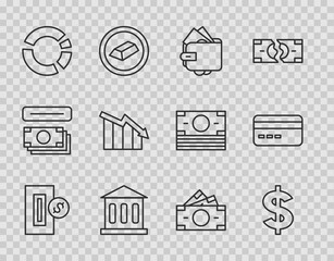Set line Inserting coin, Dollar symbol, Wallet with money, Bank building, Pie chart infographic, Financial growth decrease, Stacks paper cash and Credit card icon. Vector