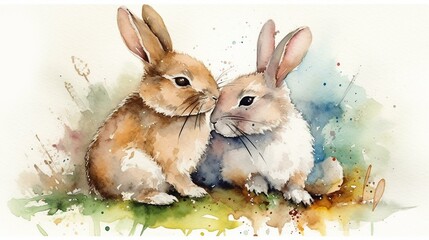 Create a charming and whimsical watercolor painting of a pair of rabbits on a white background, using soft colors and playful brushstrokes to convey their innocence and cuteness Generative AI