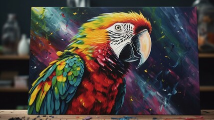 Create a lively and colorful painting of a tropical parrot perched on a branch, using bold brushstrokes and vivid hues to convey its energetic personality Generative AI