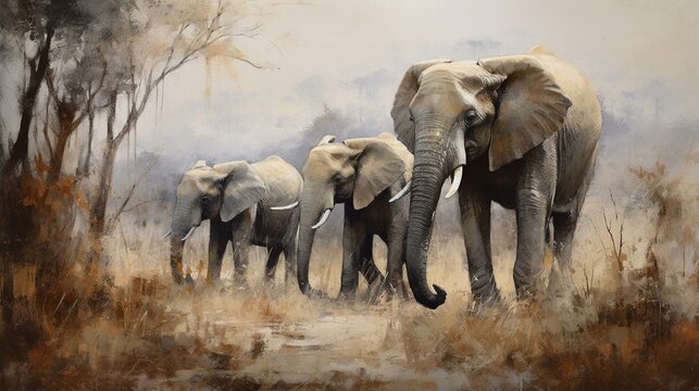 Depict a peaceful family of elephants grazing in the savannah, using soft, muted colors to create a serene and contemplative atmosphere Generative AI