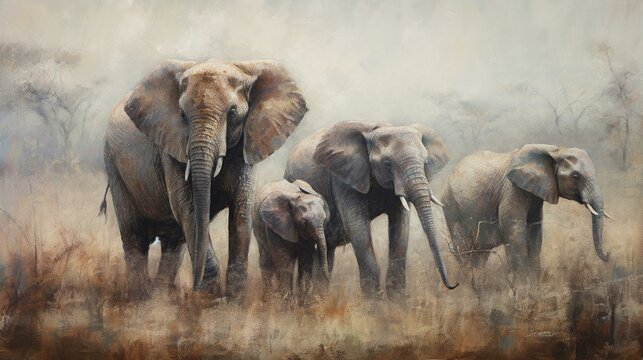 Depict a peaceful family of elephants grazing in the savannah, using soft, muted colors to create a serene and contemplative atmosphere Generative AI
