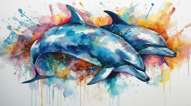 Depict a lively and colorful watercolor painting of a family of dolphins on a white background, using vivid hues and dynamic brushstrokes to convey their energetic spirit and playf Generative AI