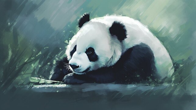 Illustrate a serene and tranquil image of a sleeping panda, using subtle colors and gentle brushstrokes to create a sense of calm and serenity Generative AI
