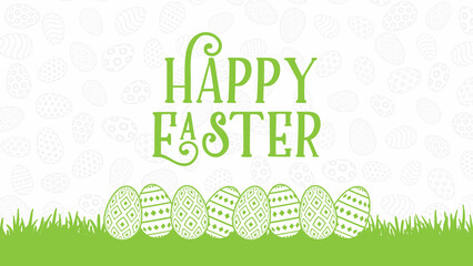 Green Color Easter web digital banner with cloud background and has space to write. bunny rabbit, eggs flowers, white clouds, spring border frame. Happy Easter card.