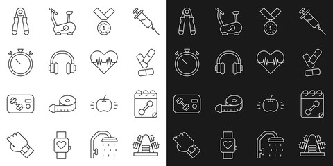 Set line Metal rack with weights, Calendar fitness, Vitamin pill, Medal, Headphones, Stopwatch, Sport expander and Heart rate icon. Vector