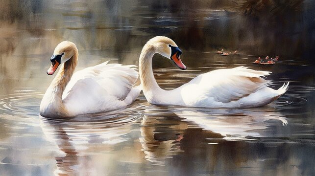Paint a serene and tranquil watercolor of a pair of swans floating on a calm lake, using soft colors and subtle brushstrokes to convey their beauty and grace Generative AI