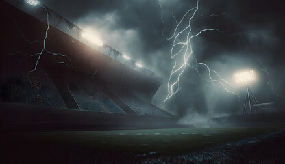 Fußball Stadion mit Flutlichter Dynamische Lichteffekte und Blitze - obrazy, fototapety, plakaty