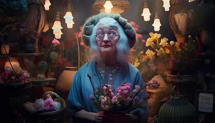 An elderly woman in her flower shop