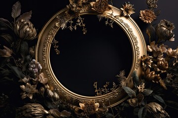 Magnificent golden-black floral arrangement in a bright baroque circular frame, black backdrop. Generative AI technology. 