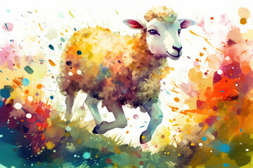 Fototapeta na wymiar Adorable spring lamb frolicking in a flower-filled meadow, heartwarming atmosphere, playful mood, sunlit scene - Generative Ai