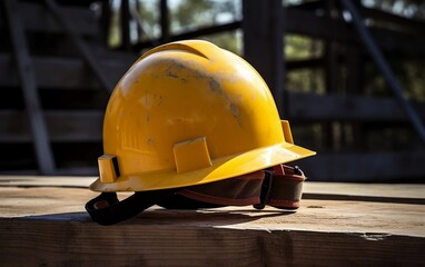 Yellow construction worker helmet. Generative AI technology.