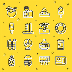 Set line Travel postcard, Soda can, Rubber swimming ring, Tourist tent, Beach shower, Ice cream, Coconut cocktail and Tropical palm tree icon. Vector
