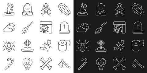 Set line Wooden axe, Toilet paper roll, Tombstone with RIP written, Skull crossbones, Witches broom, Moon and stars, Zombie hand and Spider web icon. Vector