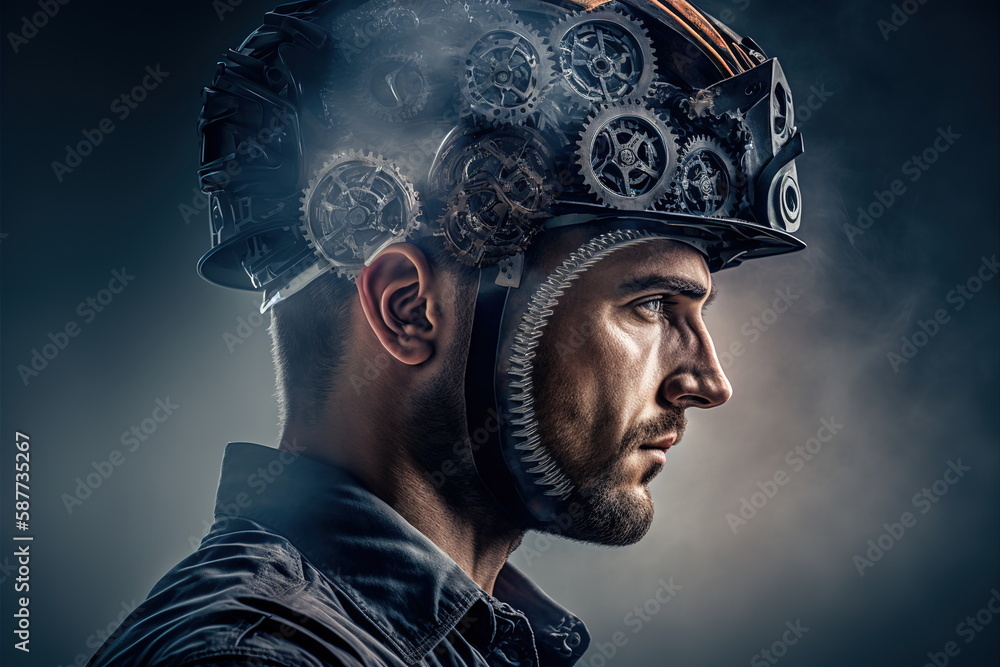 Poster wondrous efficient machinery and productive output double exposure concept. determined and focused e