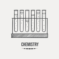 Sketch of a hand-drawn flask for chemistry lessons on a light background. Vector