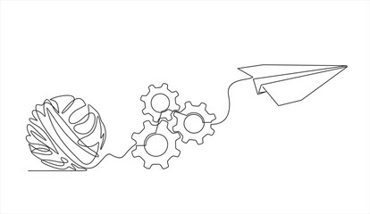 Chaos, gears and paper plane, abstract concept vector illustration. Metaphor of disorganized difficult problem found solution, mess with single continuous tangle thread in need of unraveling.