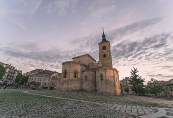 Fototapeta na wymiar Perspective of the Church of San Millán Segovia at sunset, Spain.
