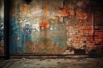 Illustration of an urban brick wall covered in colorful graffiti art. Generative AI