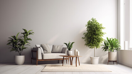Modern living room with sofa and potted plant, minimalist background. Minimalist room with cozy furniture.