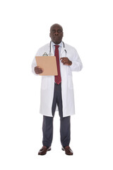 African American doctor with stethoscope and clipboard looking at camera with a serious expression