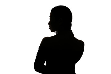 Black backlit silhouette of head and shoulders of an oriental woman from back view outlined by light - Powered by Adobe