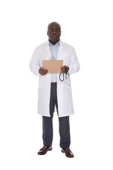 African American doctor with stethoscope and clipboard looking at camera with a serious expression