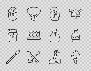 Set line Medieval spear, Mushroom, Magic rune, arrows, Viking head, King crown, Ancient viking boots and Whiskey bottle icon. Vector