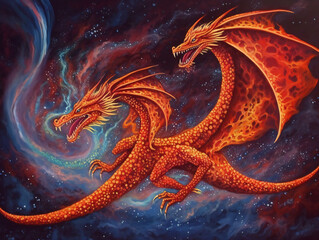 Obraz na płótnie Canvas vibrant dragon in flight, fiery breath, soaring high, detailed scales, night sky, generative AI