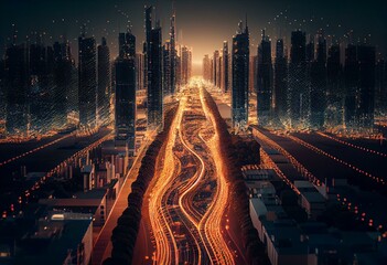 Obraz na płótnie Canvas Smart city, techno mega city, iot. Background for tech titles , news headline. Generative AI
