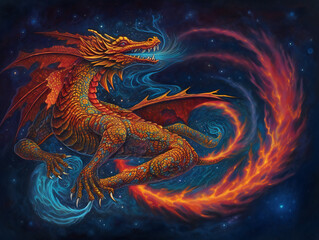 vibrant dragon in flight, fiery breath, soaring high, detailed scales, night sky, generative AI