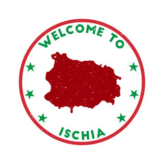 Welcome to Ischia stamp. Grunge island round stamp with texture in Green Revolution color theme. Vintage style geometric Ischia seal. Creative vector illustration.