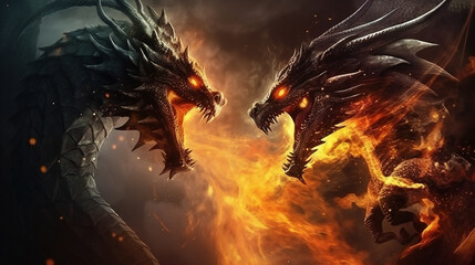 fiery dragon and knight battle, intense flames, ancient legend, mythical clash, generative AI
