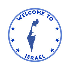 Welcome to Israel stamp. Grunge country round stamp with texture in blue screen of death color theme. Vintage style geometric Israel seal. Cool vector illustration.