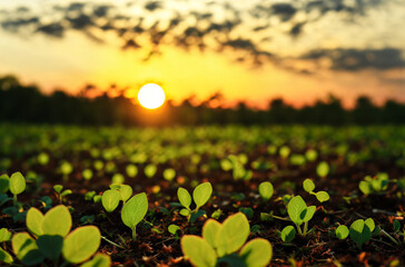 Sprouts growing in beds. Blooming green saplings in ground. Concept of horticulture, agriculture and organic products. Generative AI.