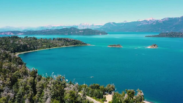 Patagonia's Majestic Nahuel Huapi Lake: Aerial Cinematic Footage of Mountains, Islands, Boats, and Forests