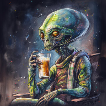 Ink colored cartoon drawing of an alien drinking a beer. AI illustration.