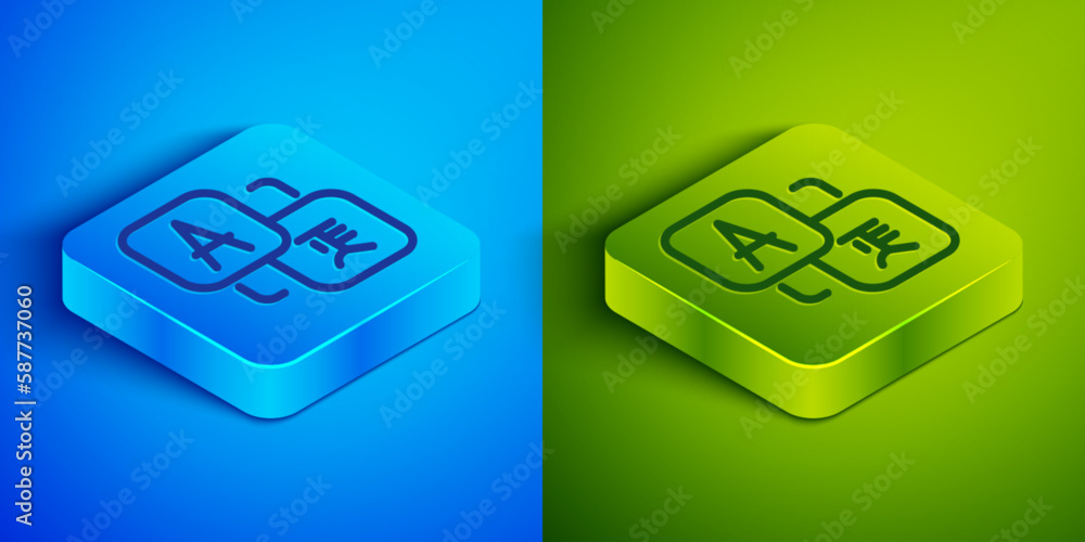 Poster isometric line translator icon isolated on blue and green background. foreign language conversation 
