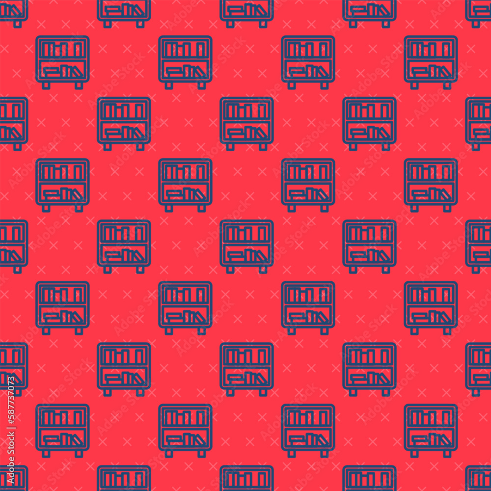 Poster blue line shelf with books icon isolated seamless pattern on red background. shelves sign. vector