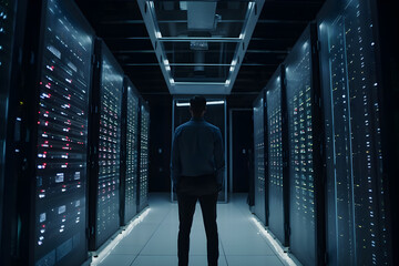 Male CEO standing in a data center. 
